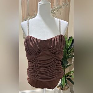 NWT Rue 21 Brown Ruched Bodysuit w/ Rhinestone Straps size: XLARGE